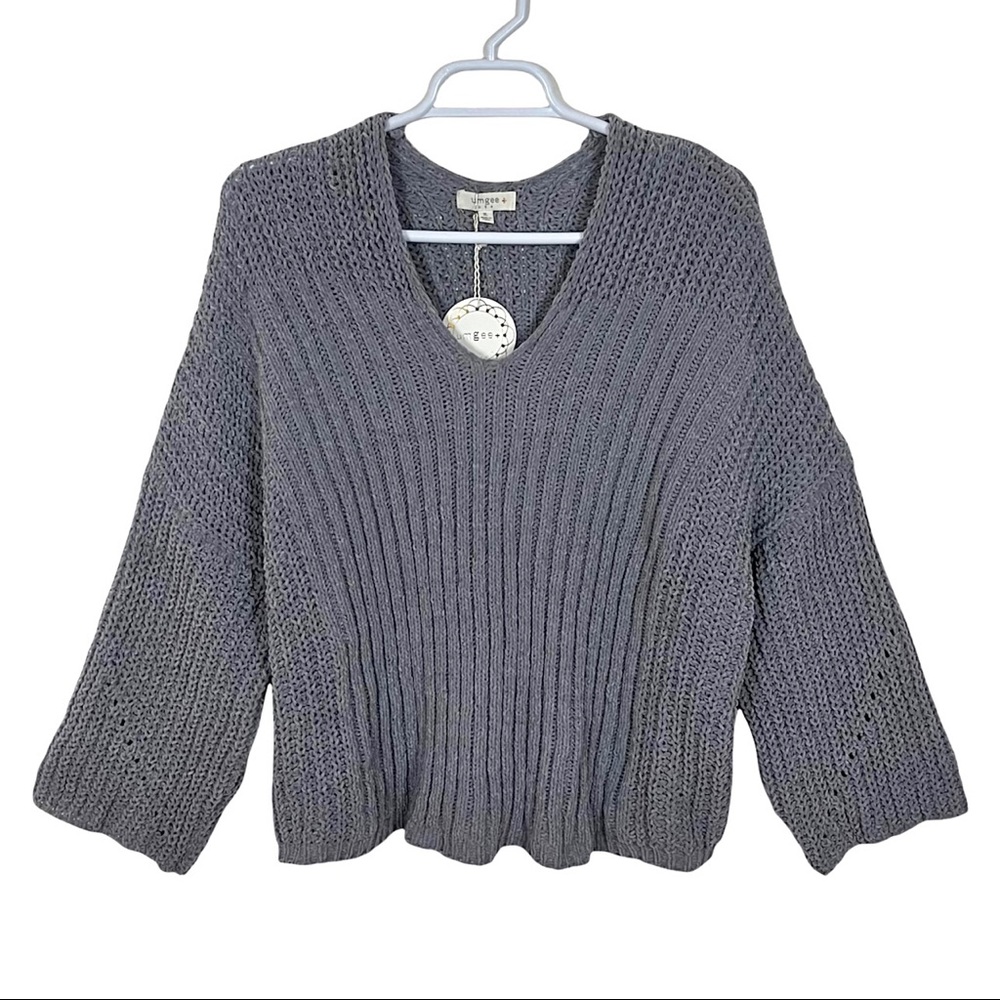 Umgee Oversized Chenille Loose Knit Wide Neckline V-neck Sweater